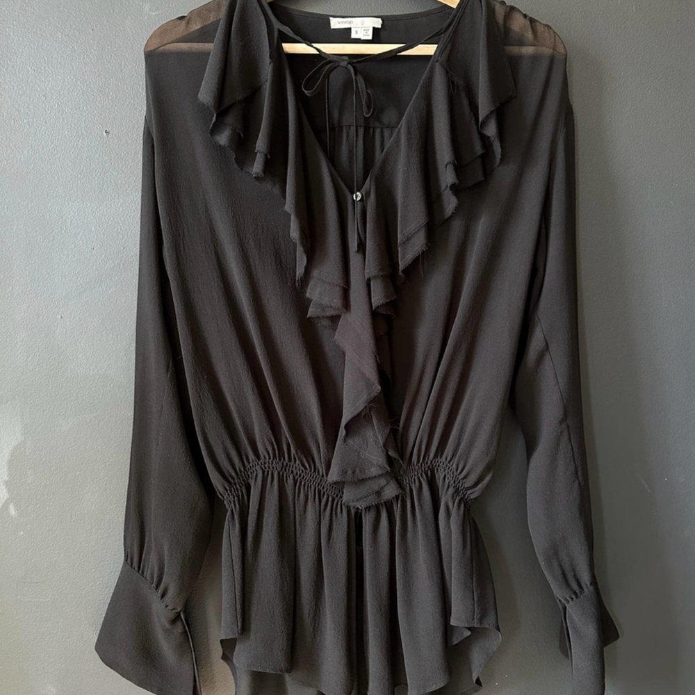 Vince Black Ruffled Peplum Long Sleeve Blouse